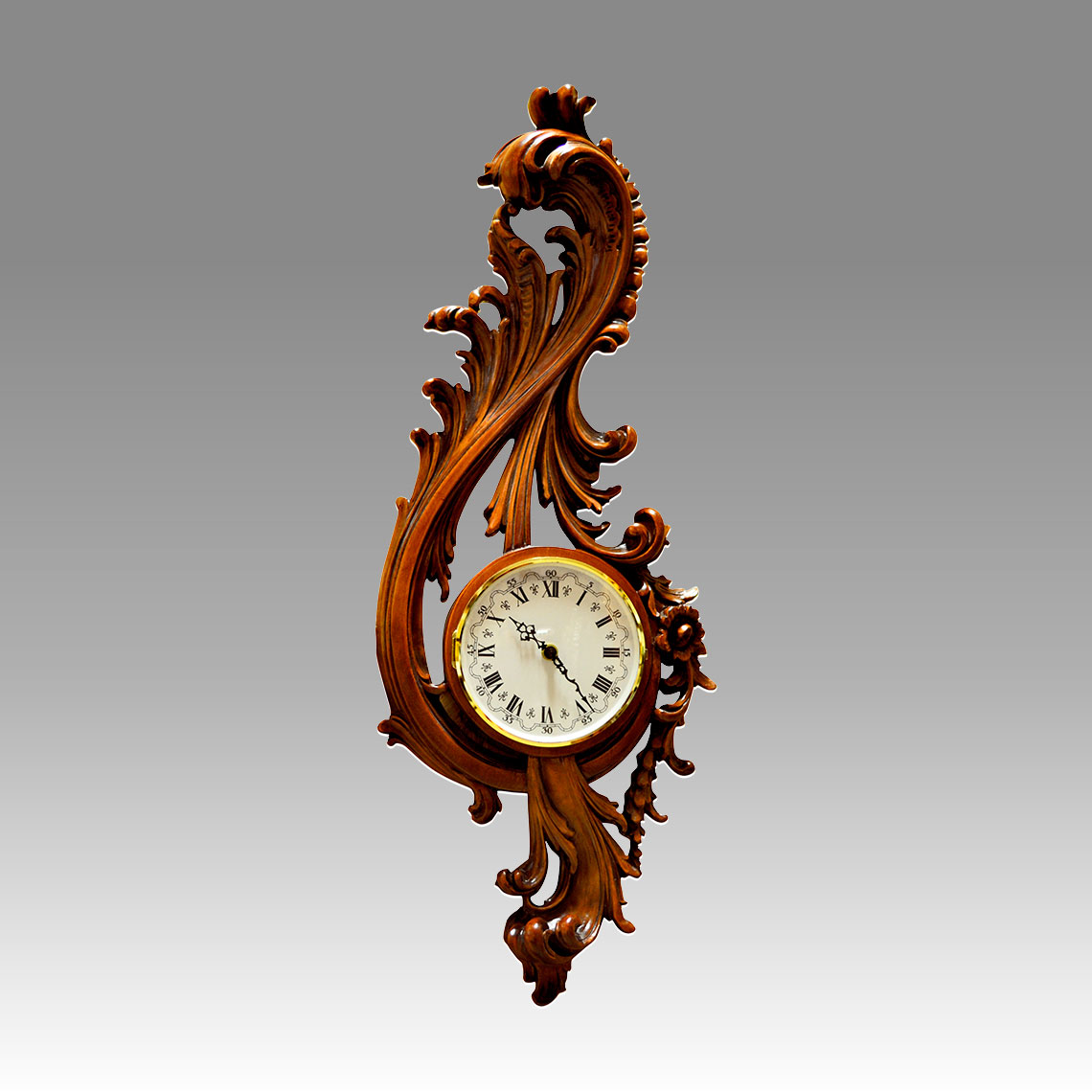 Wall Clock-Vienna Clock 208_1 walnut handcurved wood, quartz battery movement